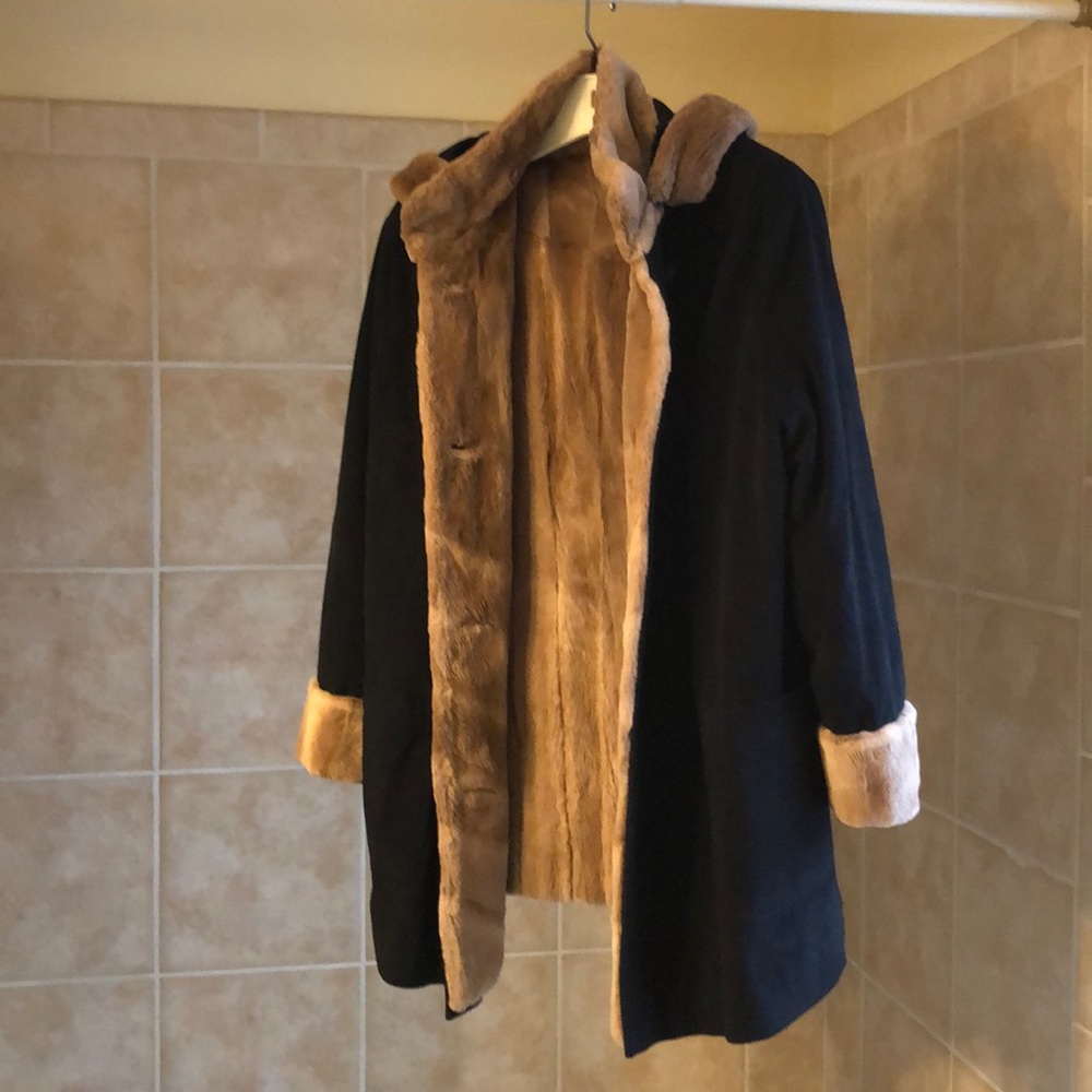 Black suede coat - mink lining & removable hood
